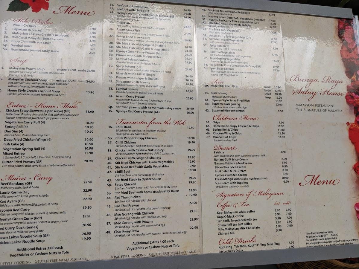 Menu at BungaRaya Satay House Malaysian Restaurant, Merimbula