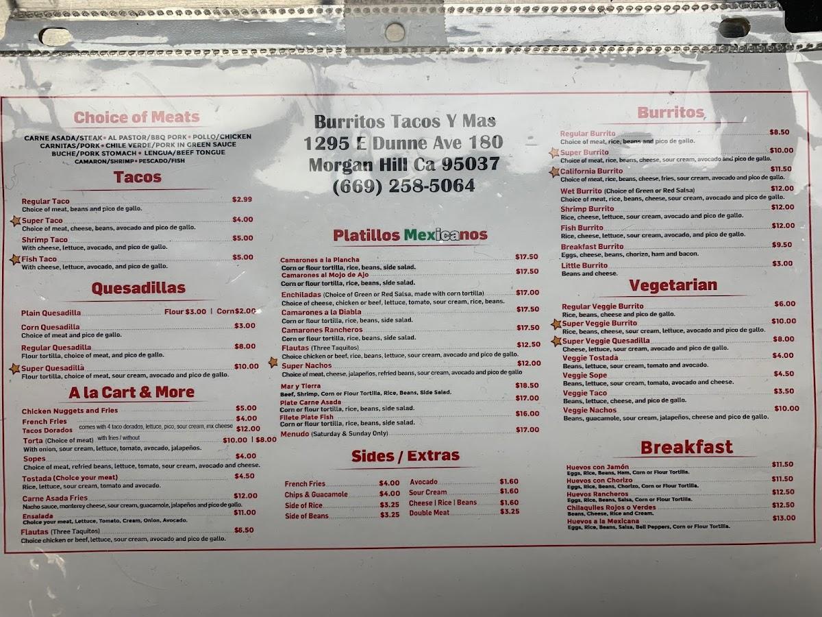 Menu at Burritos Tacos y Mas restaurant, Hill