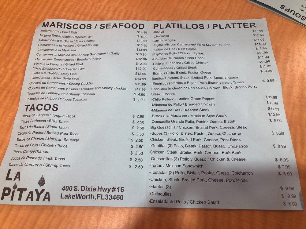 Menu at La Pitaya mexican restaurant., Lake Worth