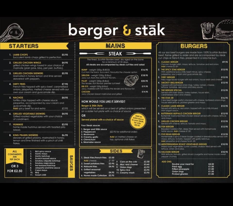 Menu at Berger & Stāk restaurant, Edinburgh