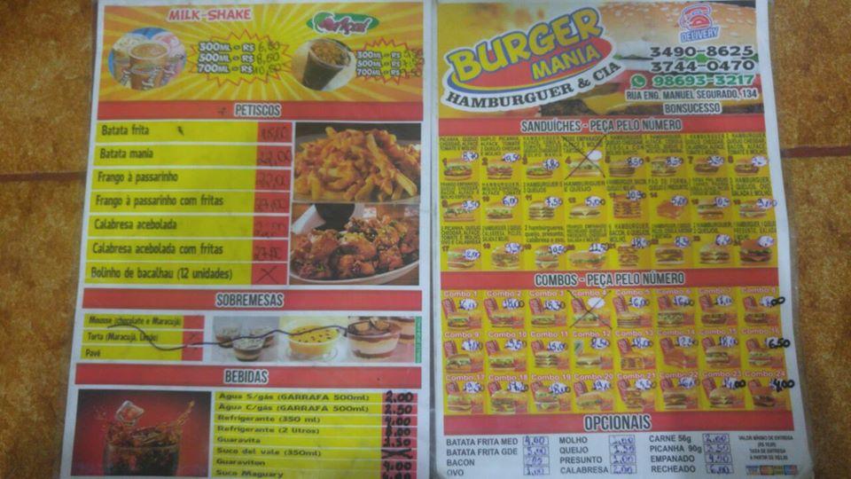 Burger mania cardápio