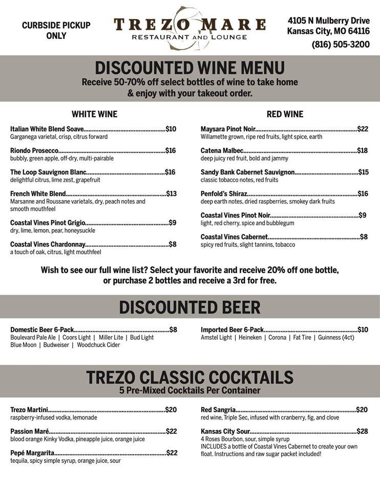 Menu at Trezo Mare Restaurant & Lounge, Kansas City