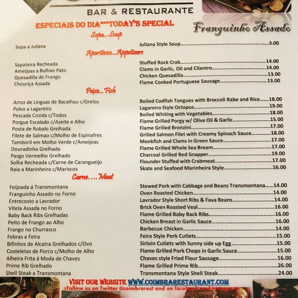 Menu at Coimbra Restaurant, Newark