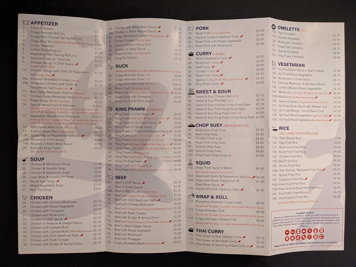 Menu at Hong's Noodle Bar, Orpington
