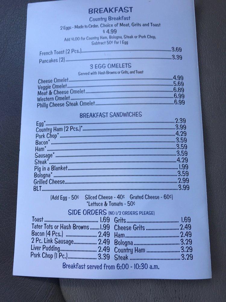 Menu at Mom and Pop’s restaurant, BatesburgLeesville
