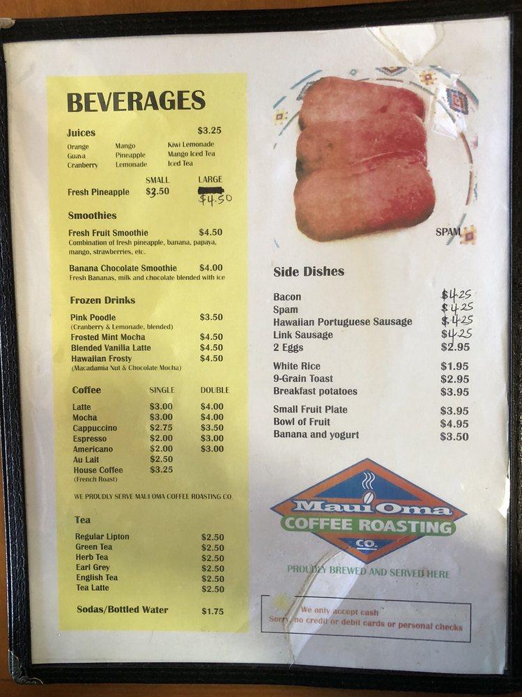 Menu at Sunrise Cafe, Lahaina