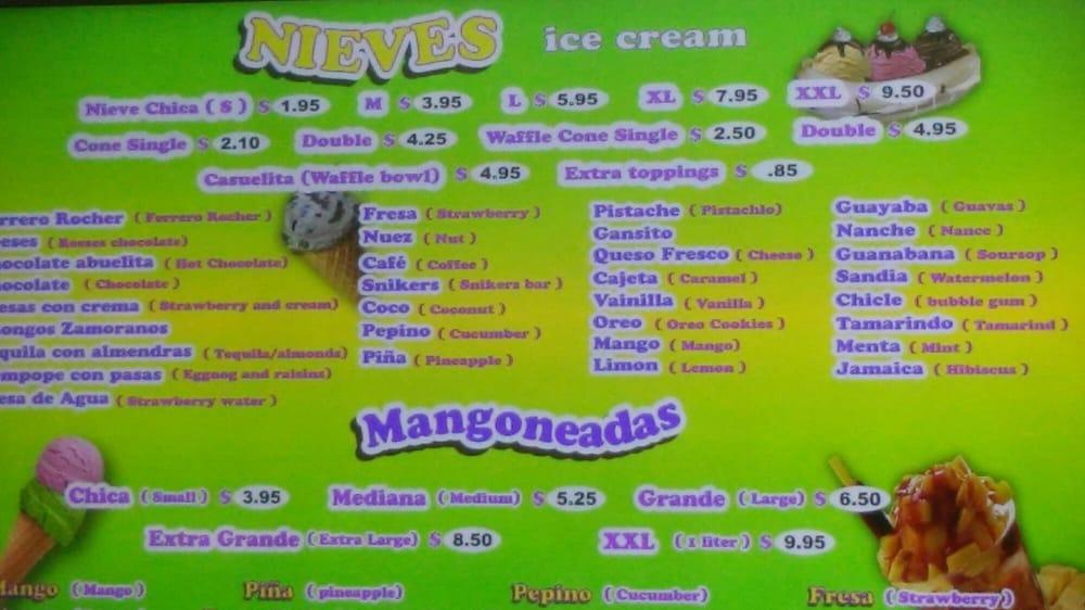 Menu at La Michoacana Ice Cream restaurant, Riverside, Chicago Ave