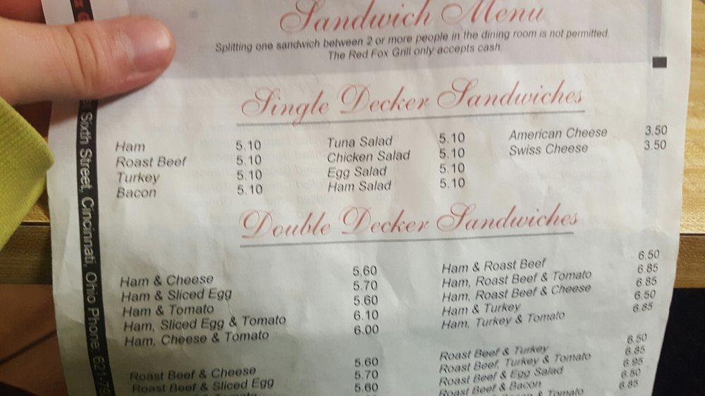 Menu at Red Fox Grill restaurant, Cincinnati