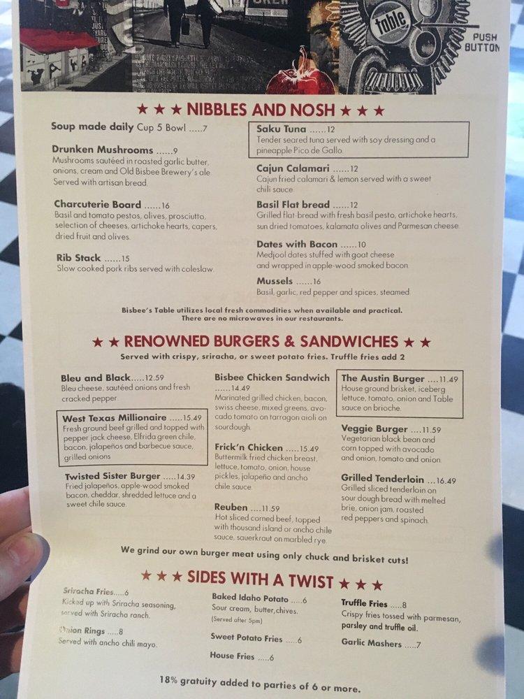 Menu at Bisbee's Table pub & bar, Bisbee, Copper Queen Plaza
