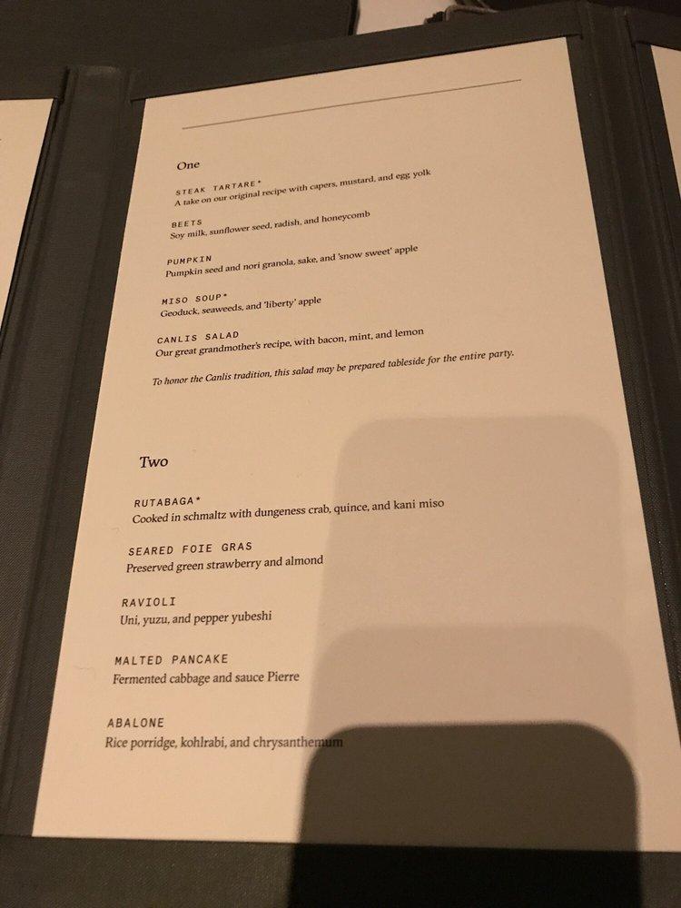 Menu at Canlis restaurant, Seattle