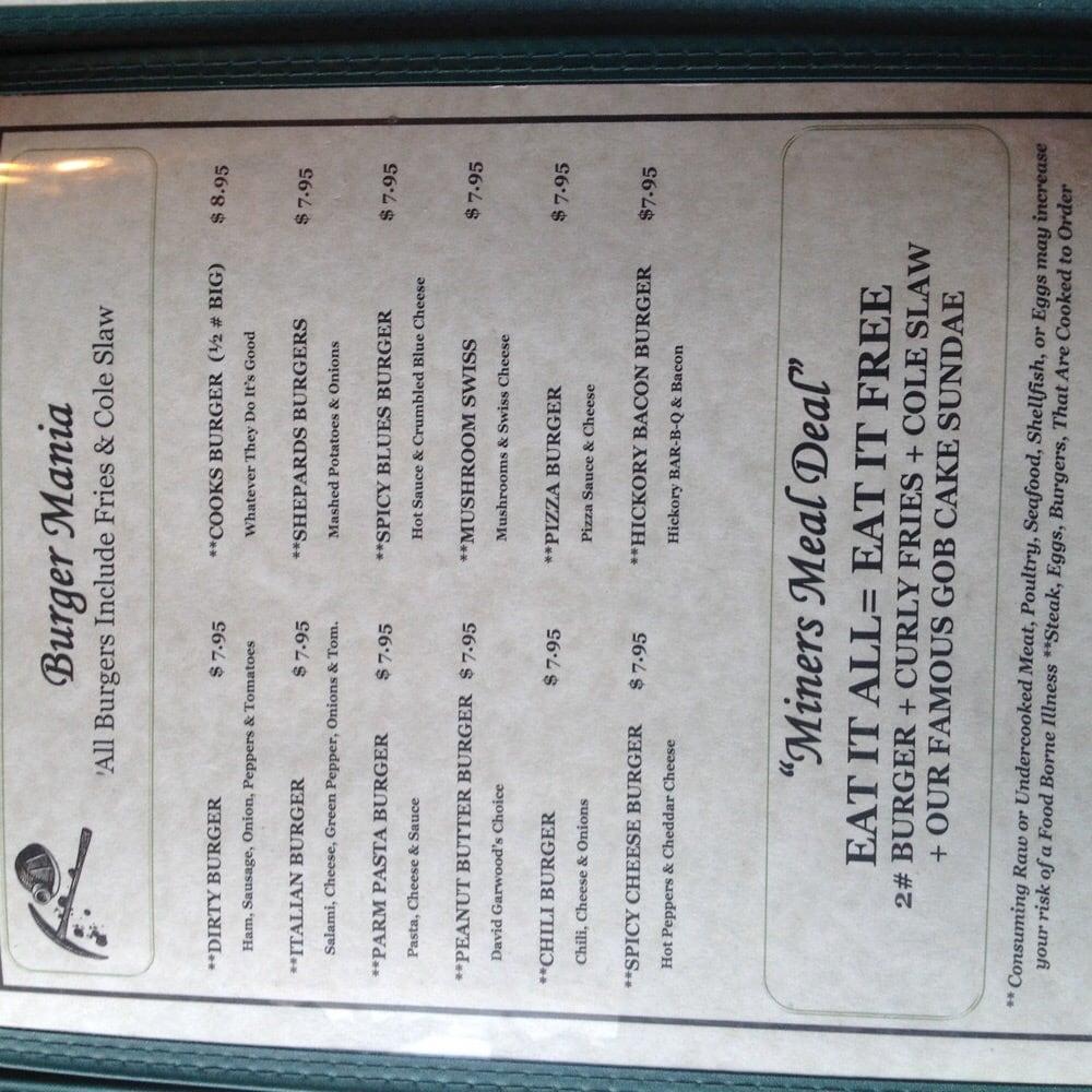 Menu at Coal Miner's Diner restaurant, Jennerstown