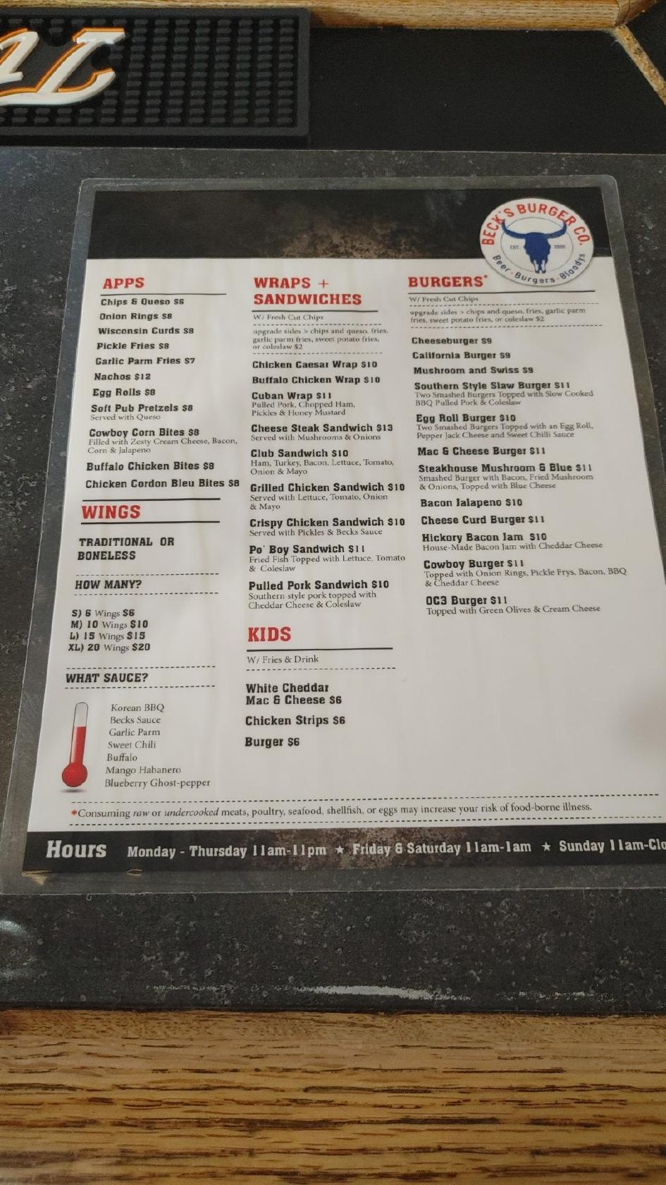 Menu at Becks Burger Co. pub & bar, Staples