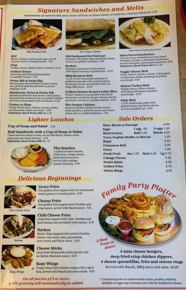 Menu at Kozy Kitchen restaurant, North Bend