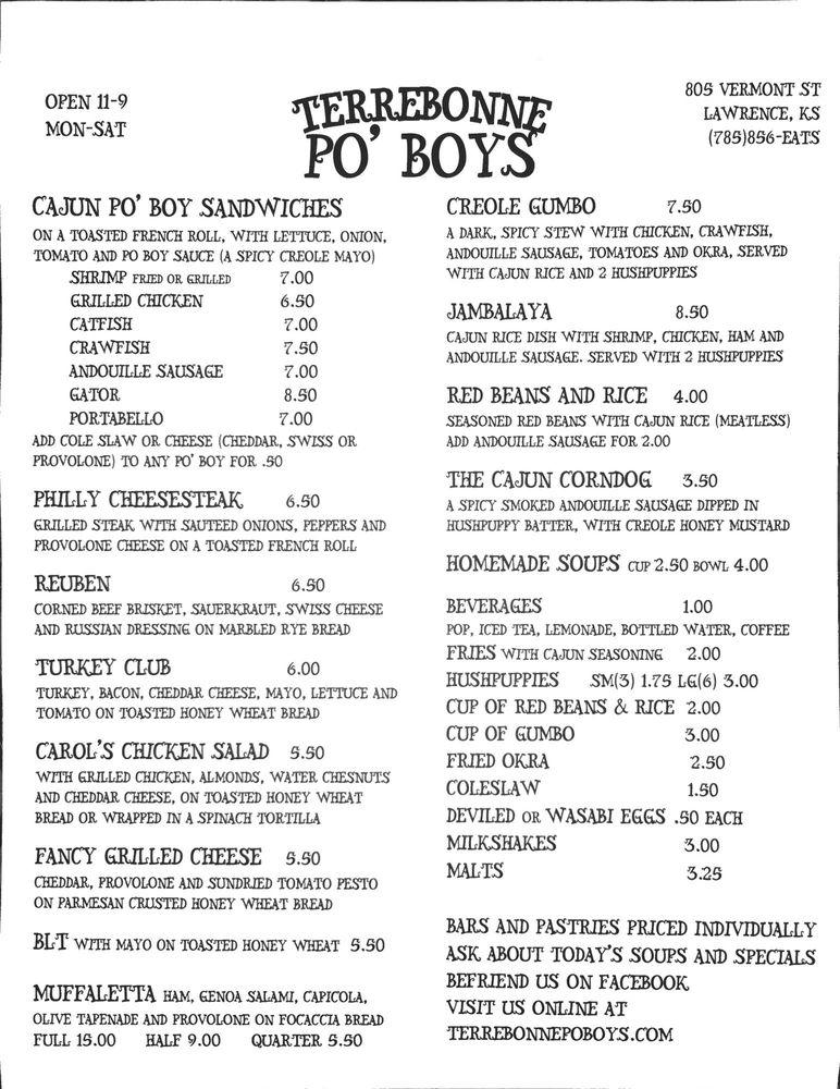 Menu at Terrebonne Po' Boys restaurant, Lawrence