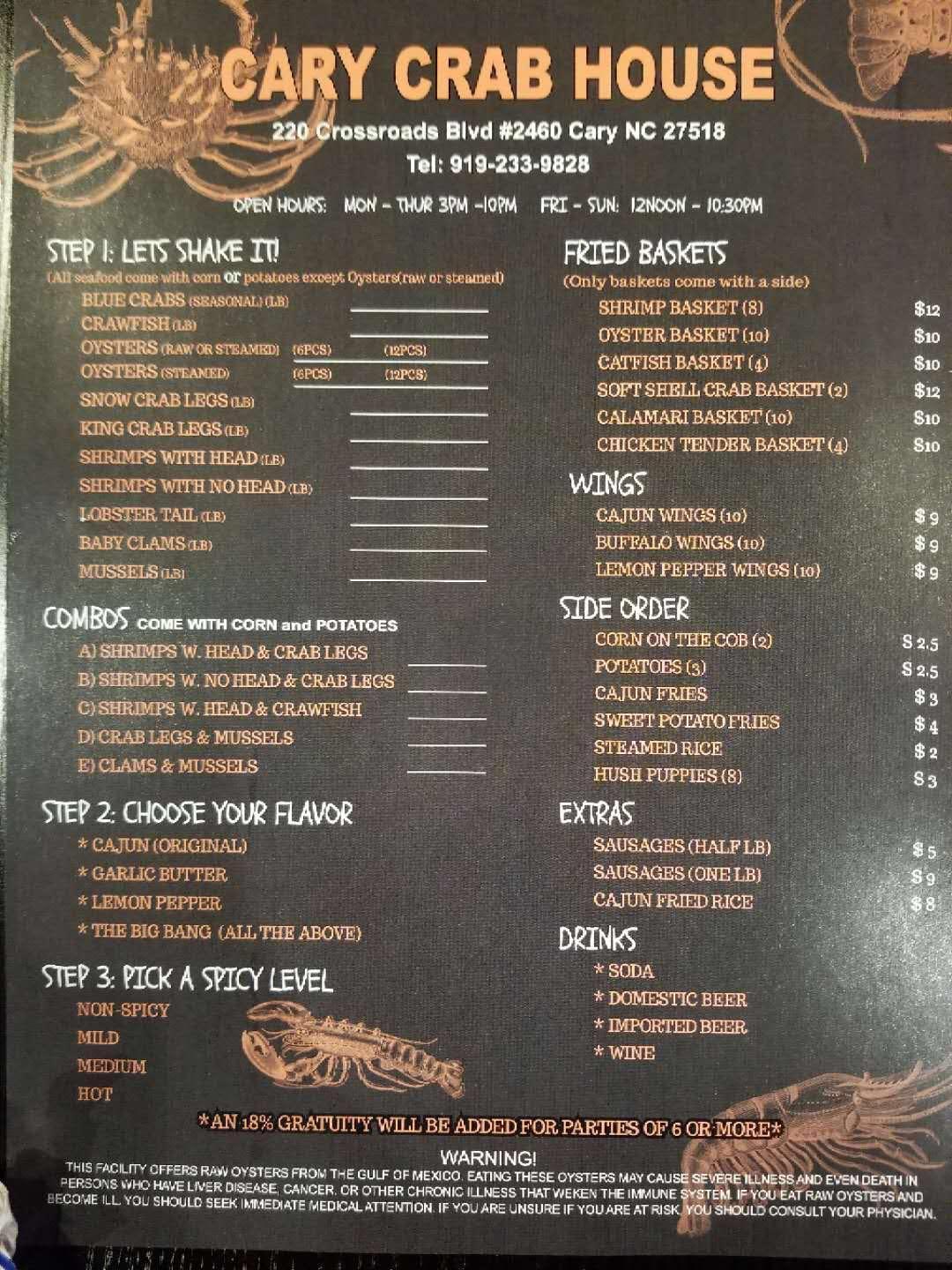 Menu at Cary Crab House restaurant, Cary