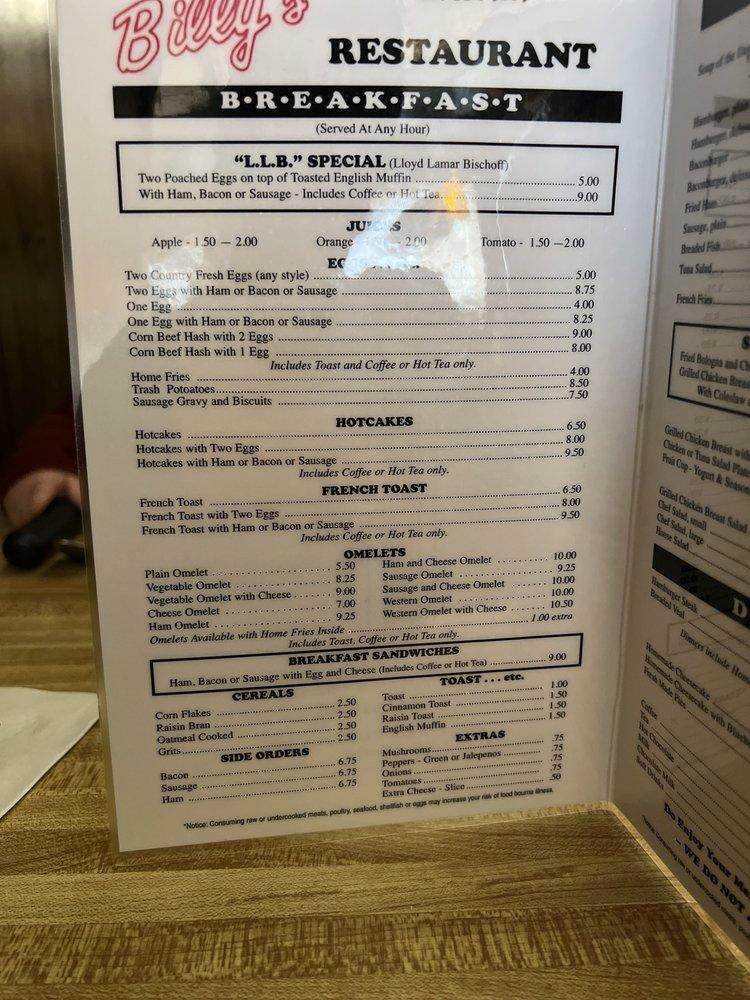 Menu at Billy's Restaurant, Fremont