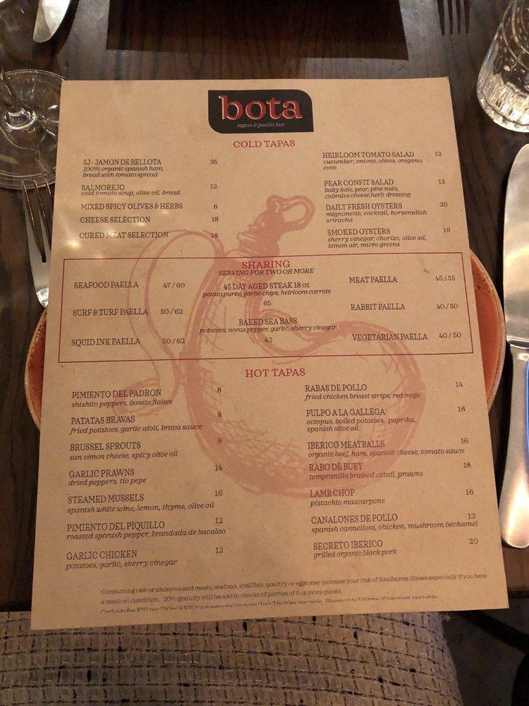 Menu at Bota Tapas & Paella Bar, San Francisco