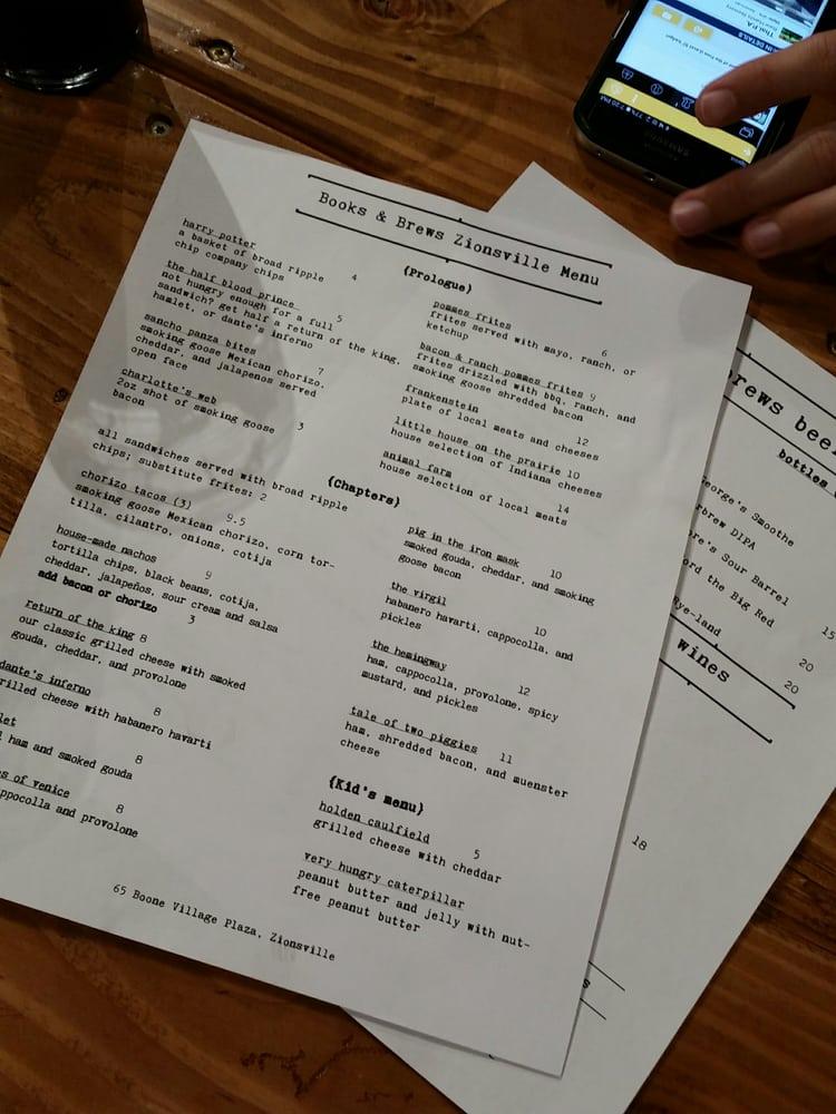 Menu at Books & Brews Zionsville pub & bar, Zionsville