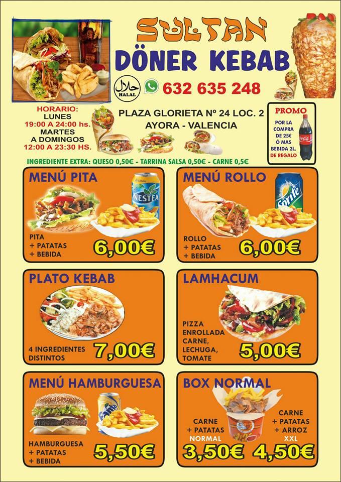 Menu at Sultan Döner Kebab restaurant, Ayora