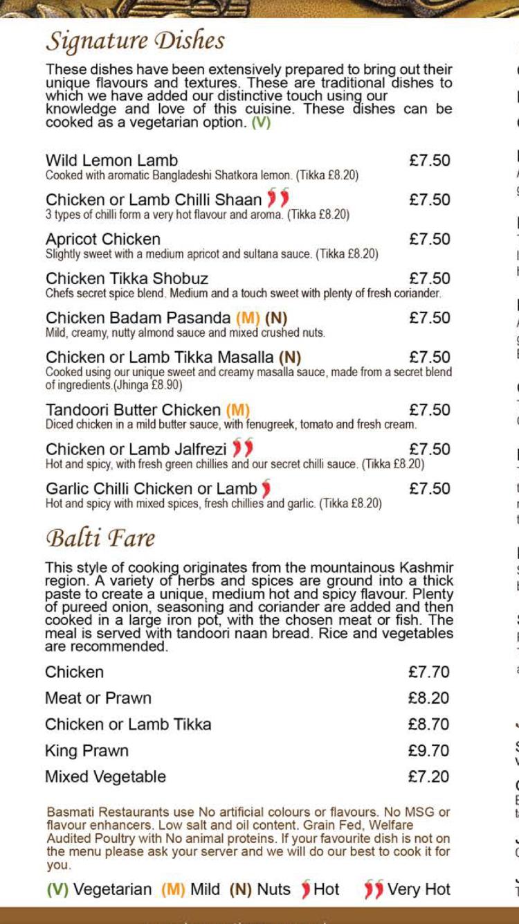 Menu at Basmati Indian Restaurant Chichester, Tangmere