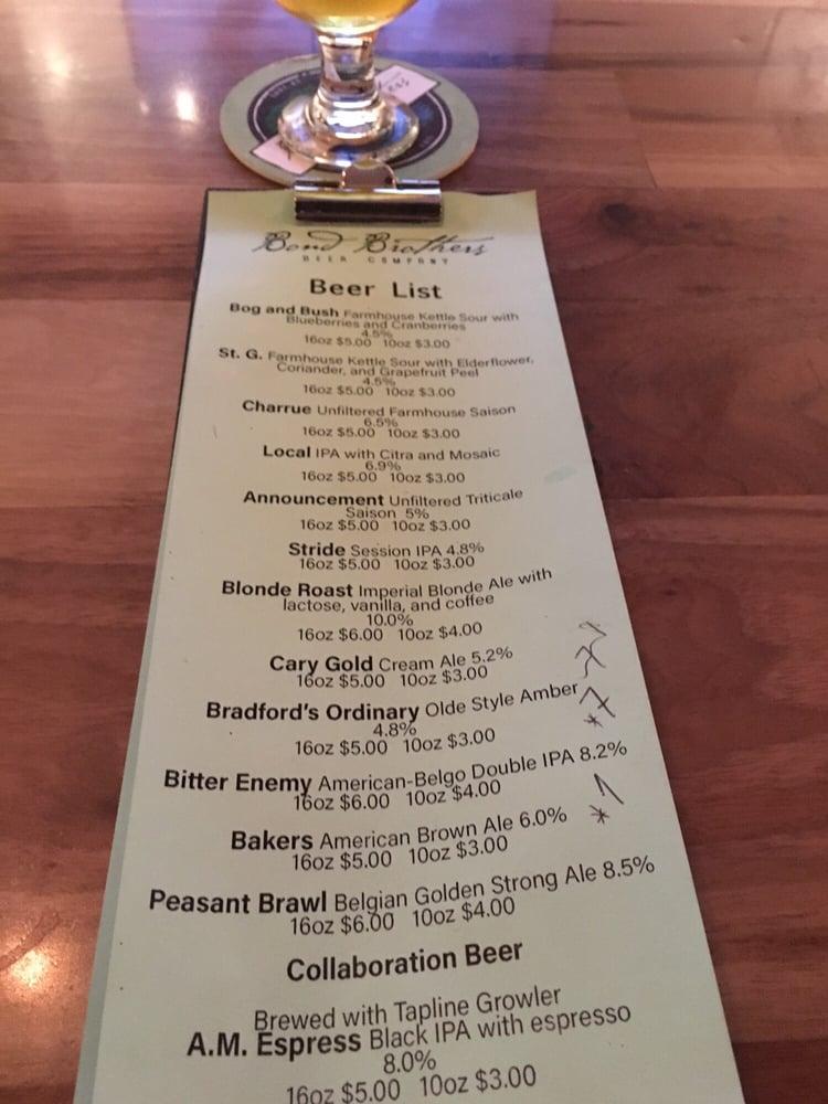 Menu at Bond Brothers Beer Company restaurant, Cary