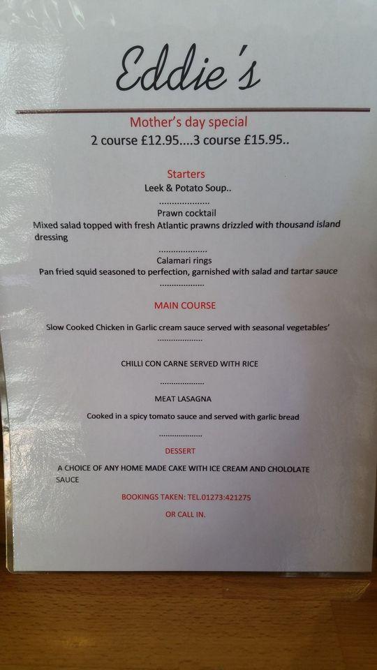 Menu at Eddie's fish and chips restaurant, Hove