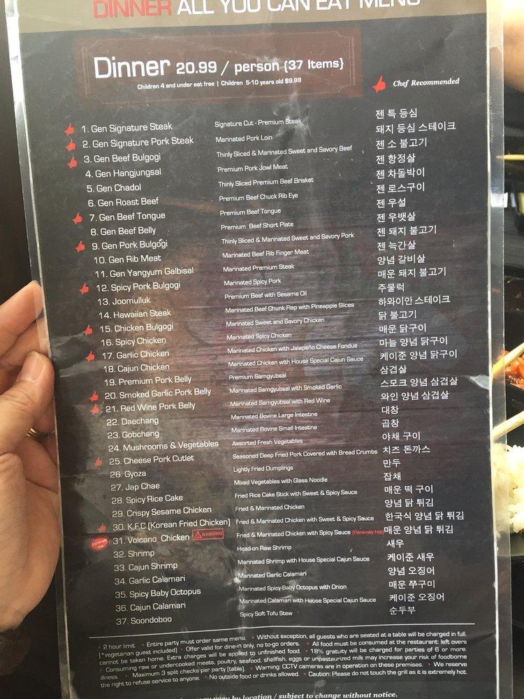 Menu at Gen Korean BBQ House, West Covina