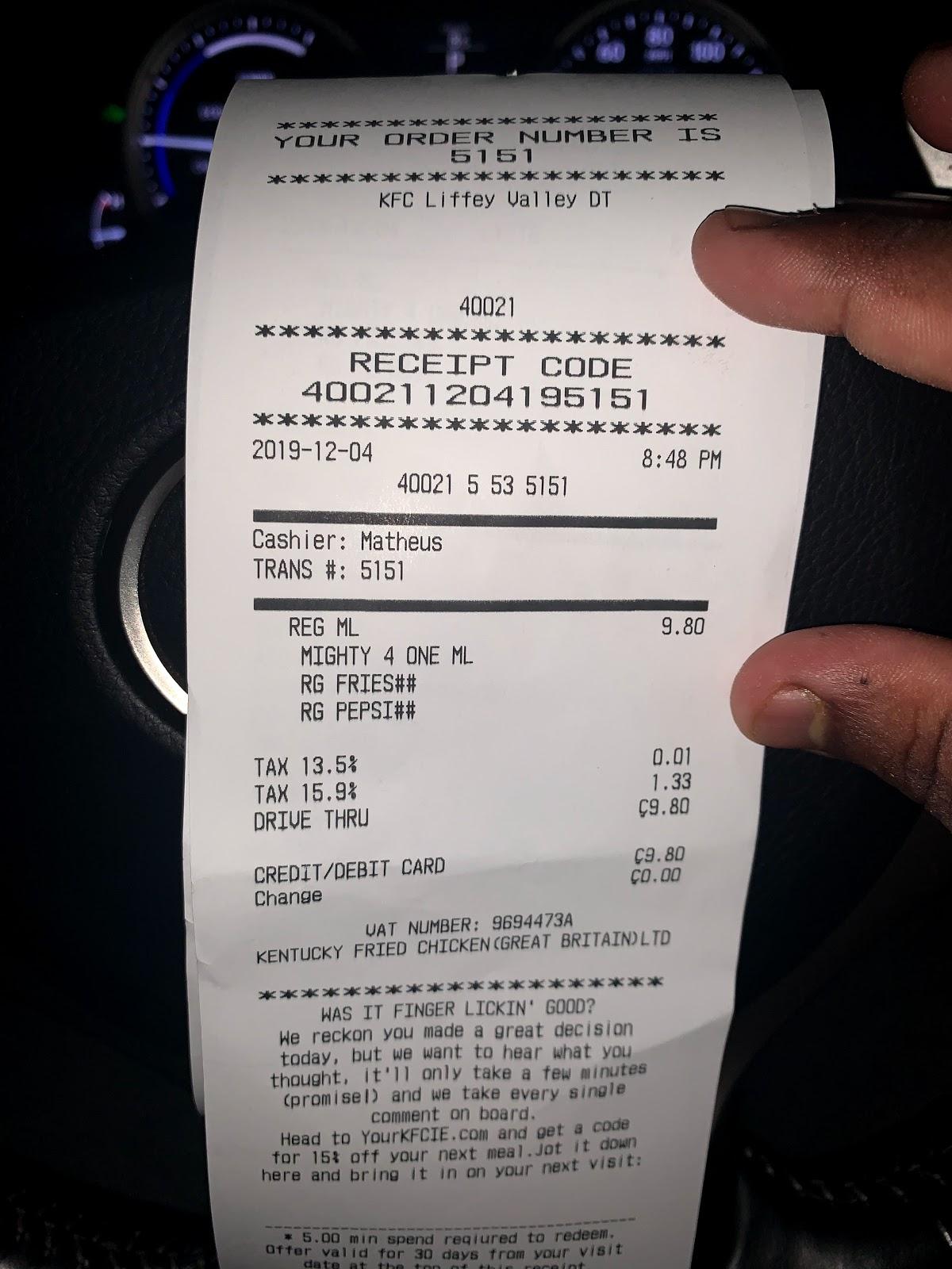 Menu at KFC Liffey Valley DriveThru fast food, Dublin, Fonthill Rd