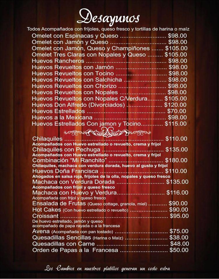 Menu at Restaurant Mi Ranchito, Mexicali, Carretera a Aeropuerto km. 12.5