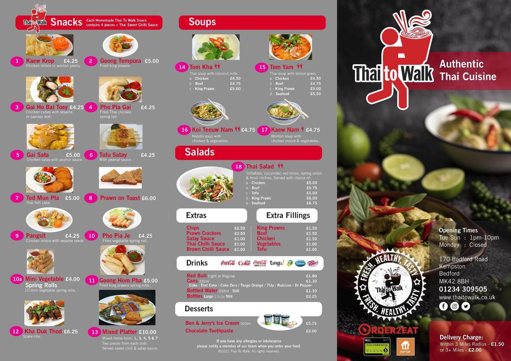 Menu at Thai to walk restaurant, Kempston