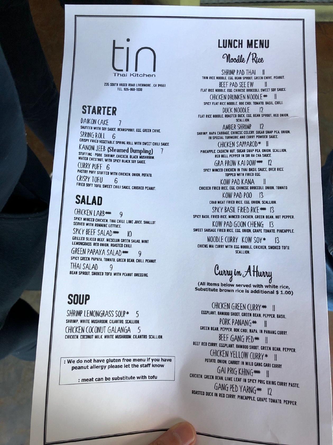 Menu at Tin Thai Kitchen restaurant, Livermore