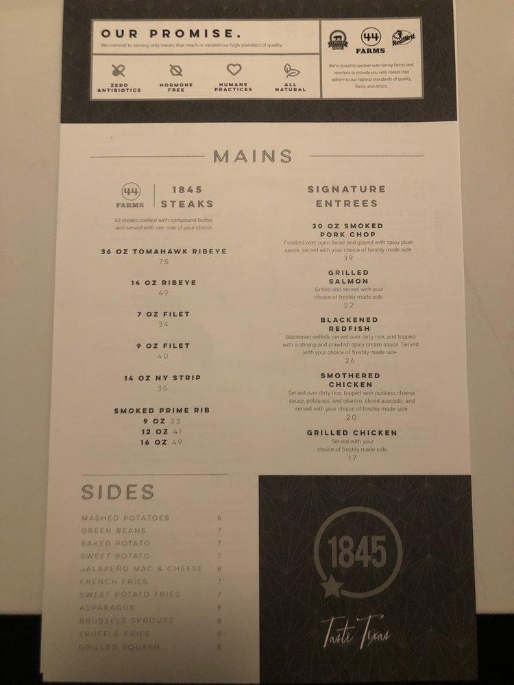 Menu at 1845 Taste Texas pub & bar, Flower Mound