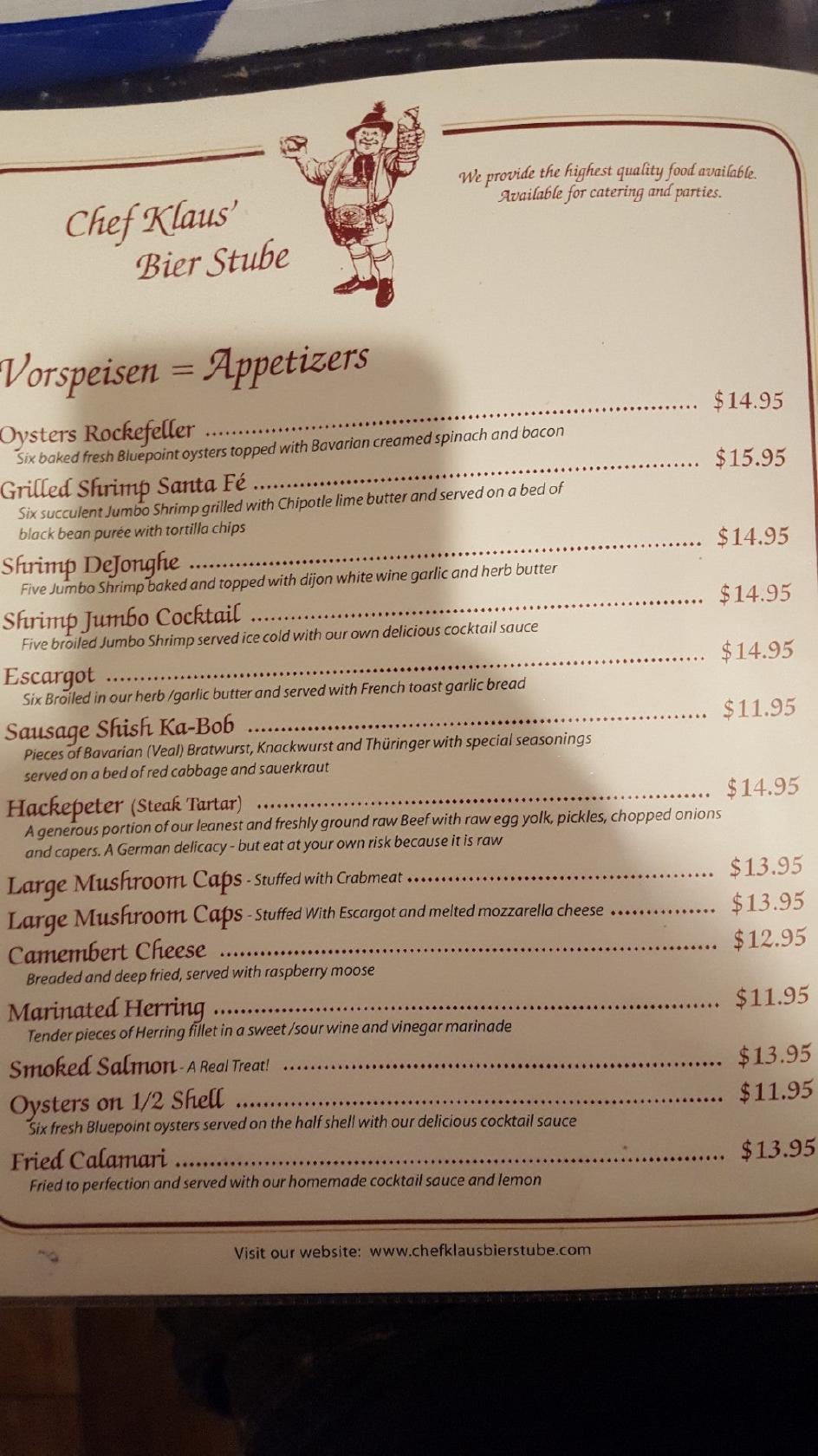 Menu at Chef Klaus' Bier Stube restaurant, Frankfort