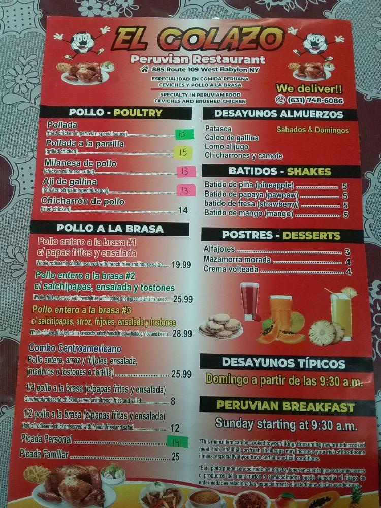 Menu at El Golazo restaurant, West Babylon
