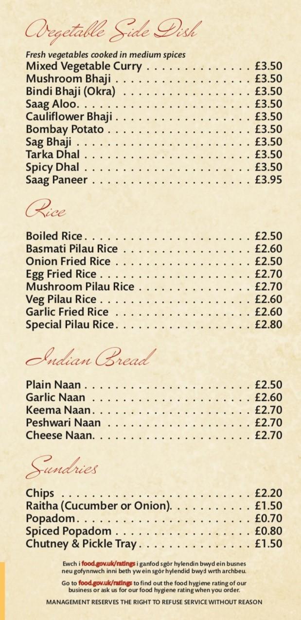 Menu at Red Chillies restaurant, Blaenau Ffestiniog