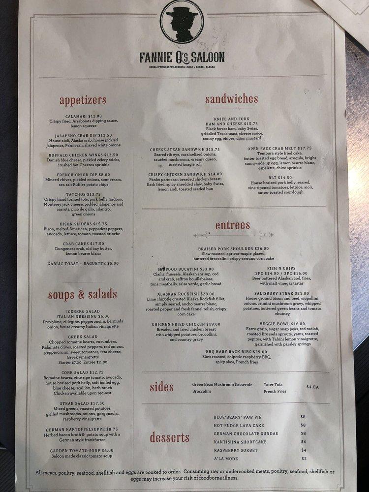 Menu at Fannie Q's Saloon - Denali Princess Lodge restaurant, McKinley Park