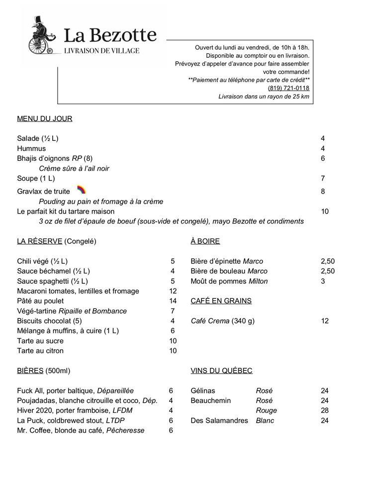 Menu at Café La Bezotte, Yamachiche