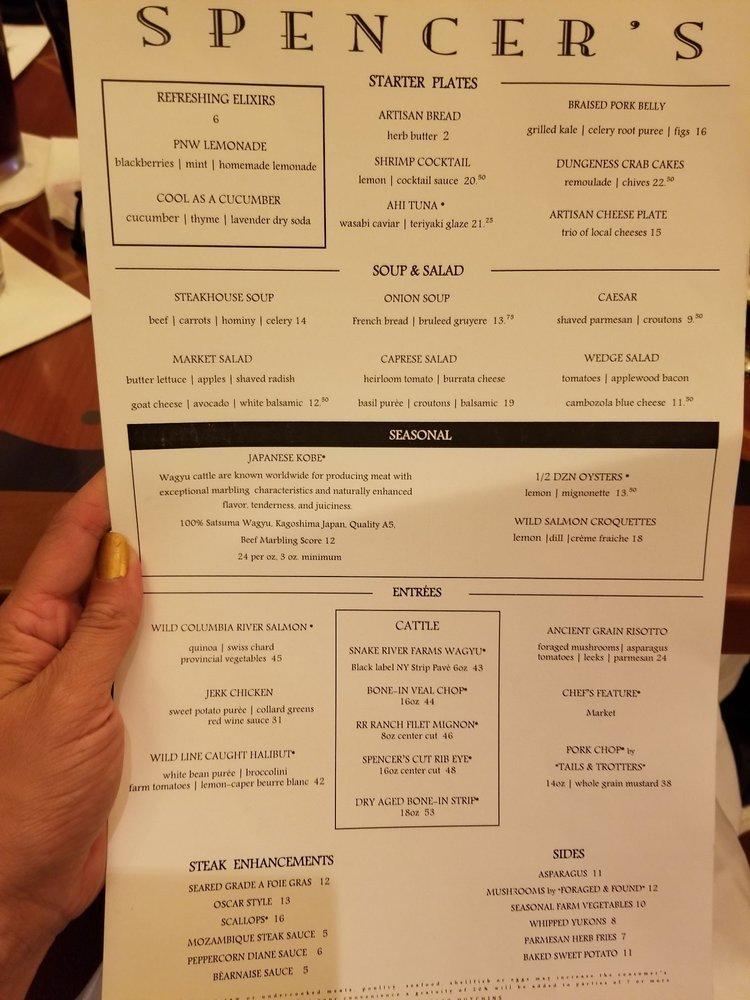 Menu at Spencer's for Steaks and Chops steakhouse, Seattle