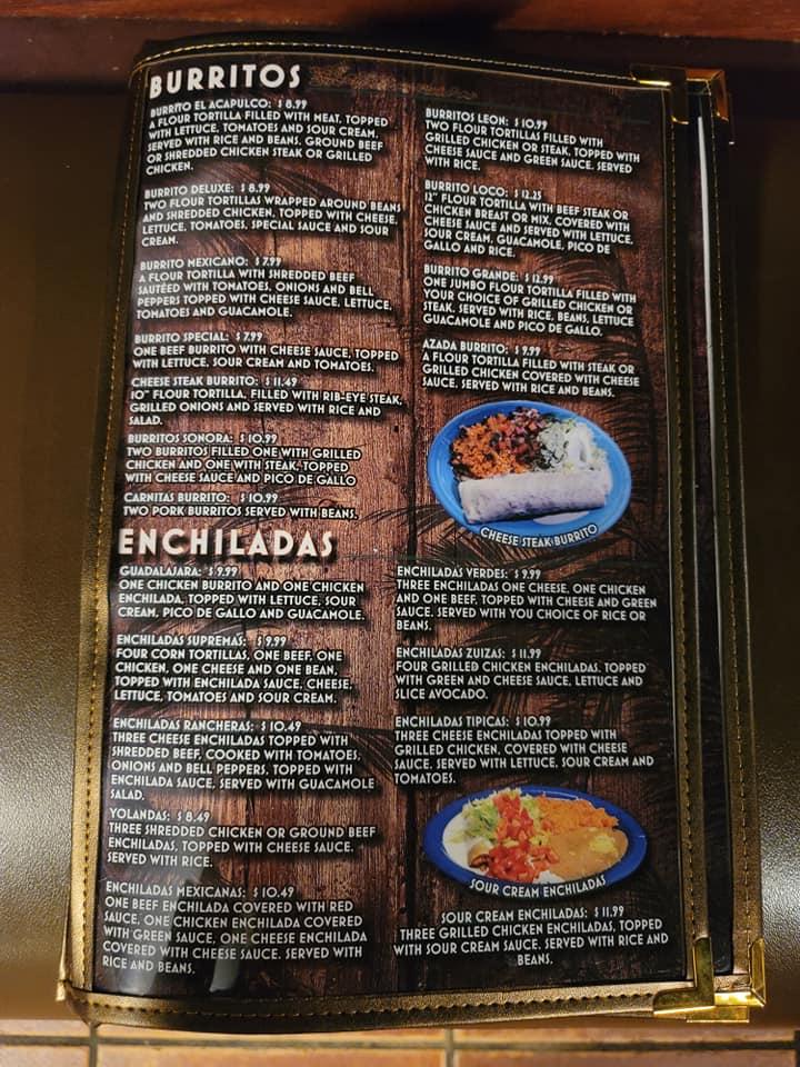 Menu at El Acapulco restaurant, Pocahontas, US-67