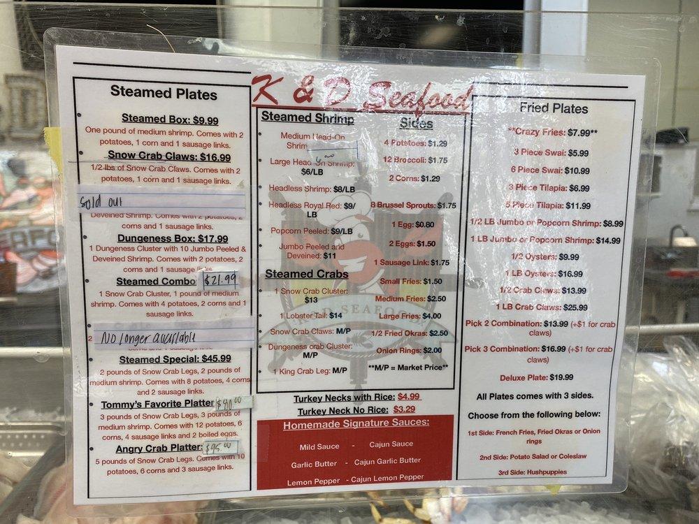 Menu at K&D Seafood restaurant, Mobile, US90