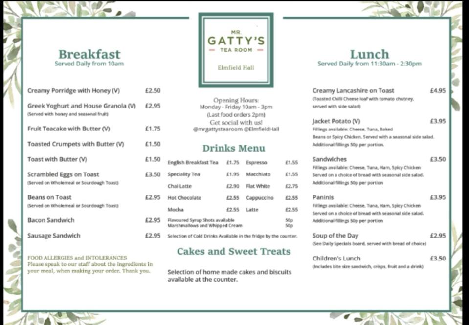 Menu at Mr Gatty's Tea Room cafe, Accrington