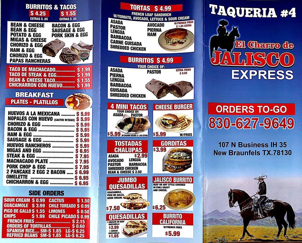 Menu at El Charro de Jalisco Express restaurant, New Braunfels