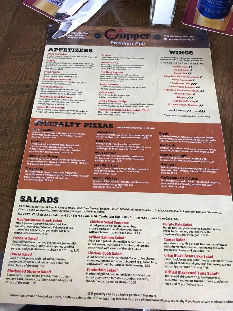 Menu at Copper Premium Pub, Lake Wylie