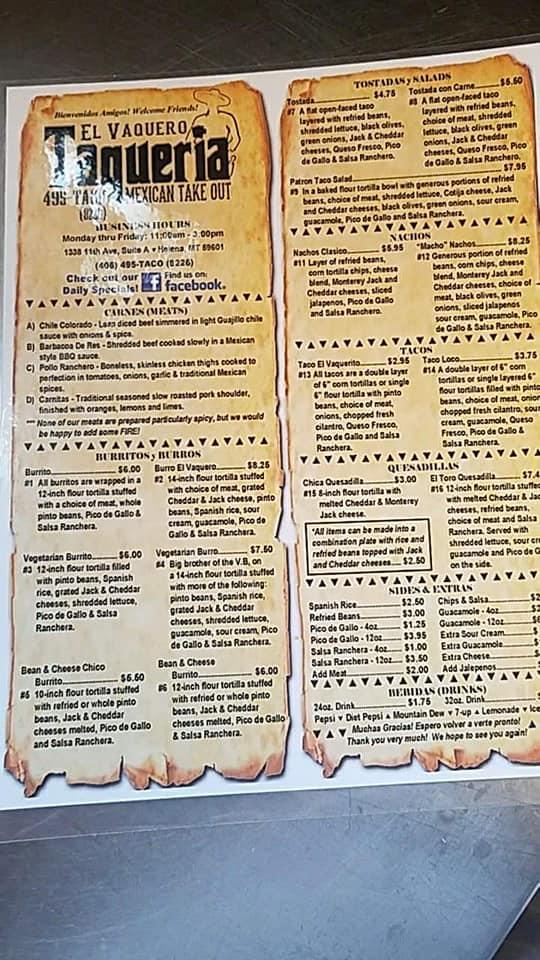 Menu at El Vaquero Taqueria restaurant, Helena, 11th Ave