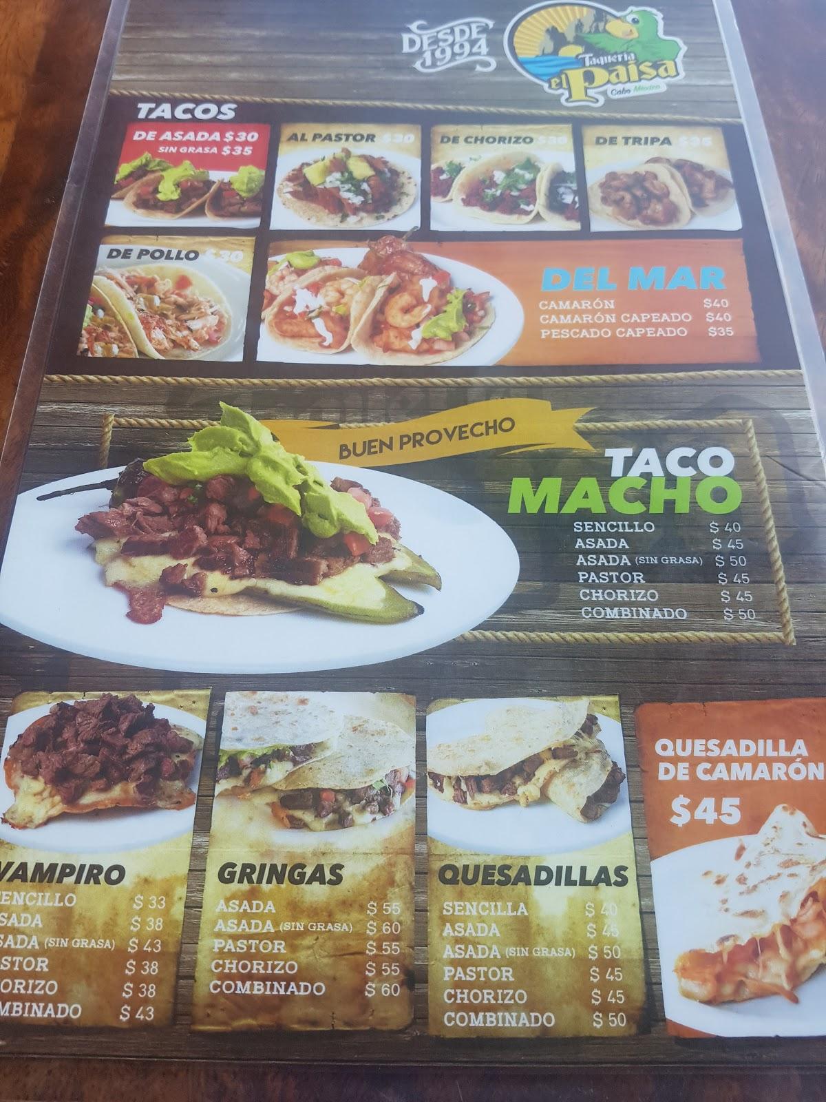 Carta del restaurante Tacos el Paisa, Mazatlán