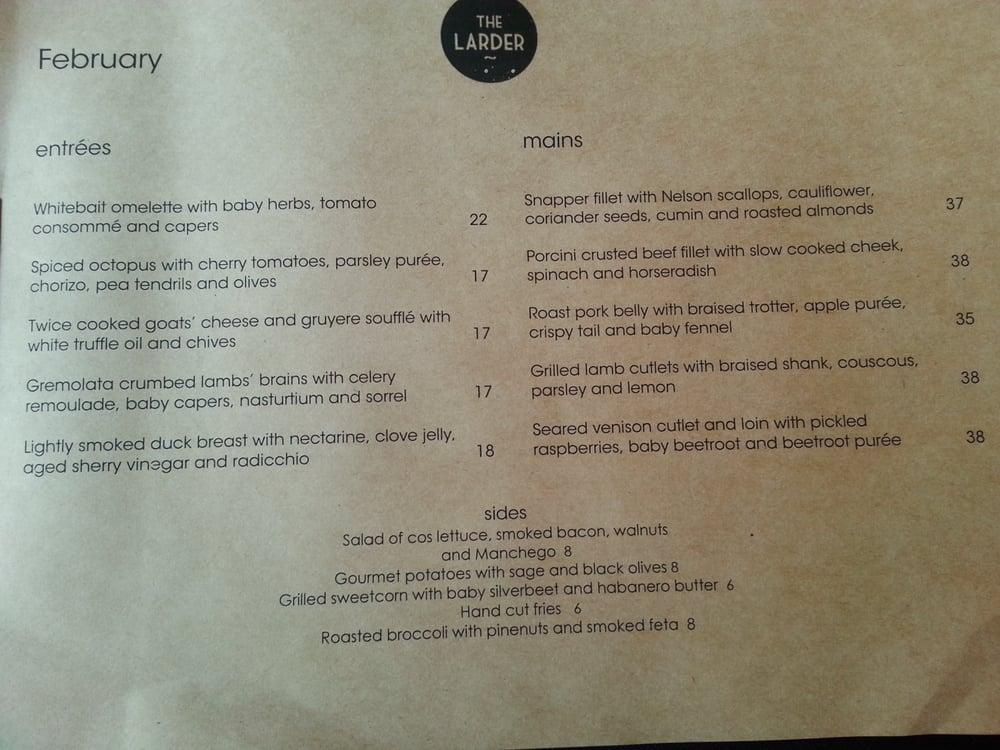 Menu at The Larder cafe, Wellington