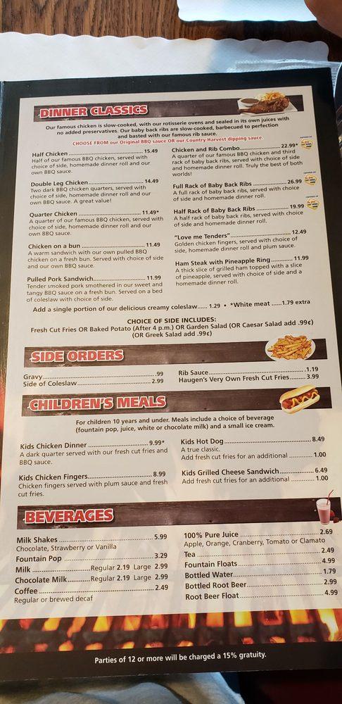 Menu at Haugen's Chicken & Ribs Barbeque, Port Perry