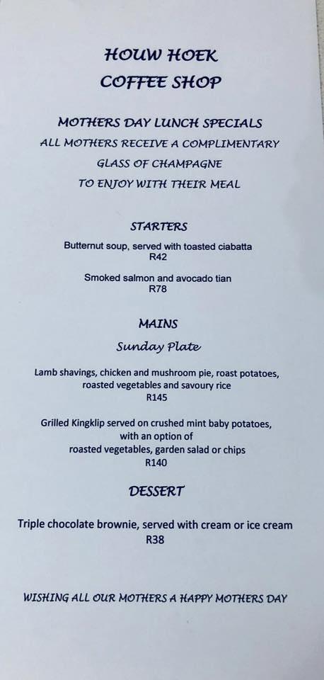 Menu at Houw Hoek Hotel restaurant, Cape Town