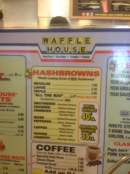 Menu at Waffle House restaurant, Tallahassee, W Tennessee St