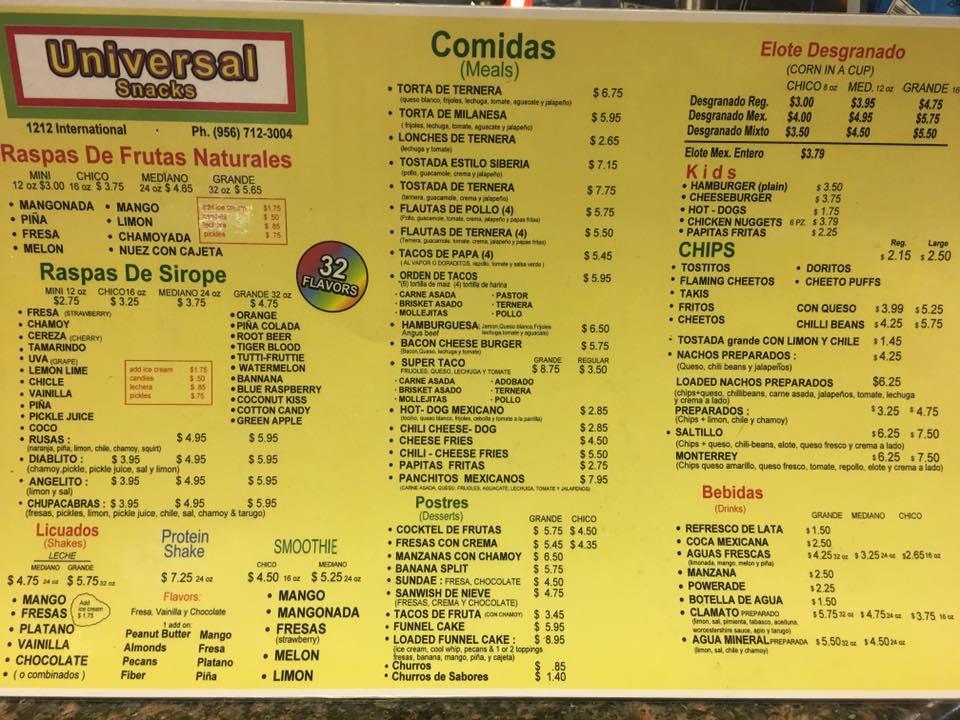Menu at Universal Snacks desserts, Laredo